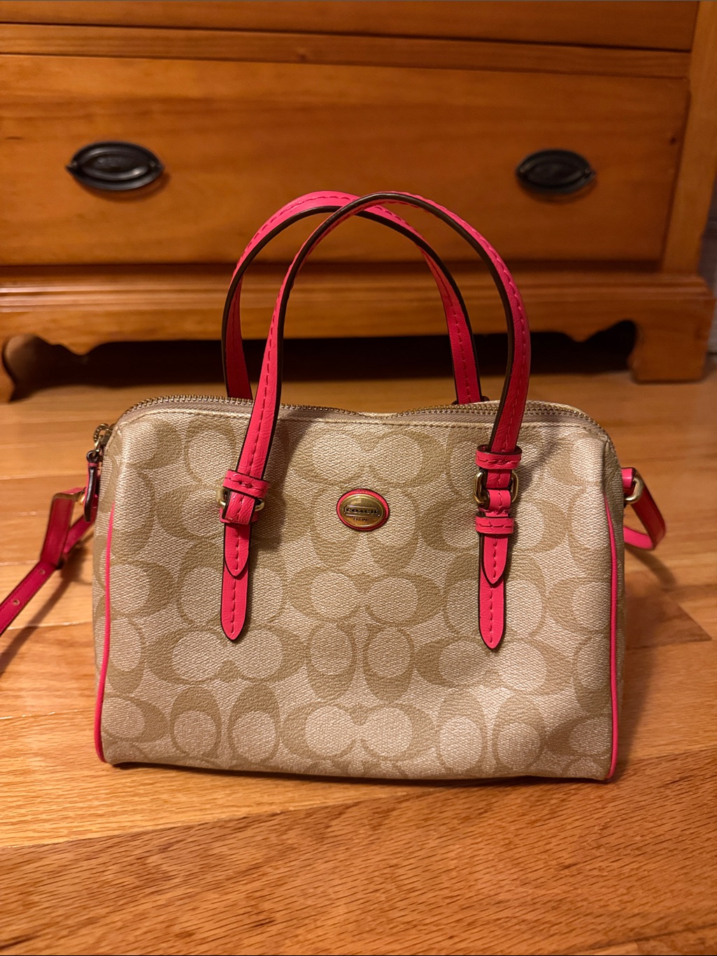 Coach Beige Signature Satchel With Pink Trim
